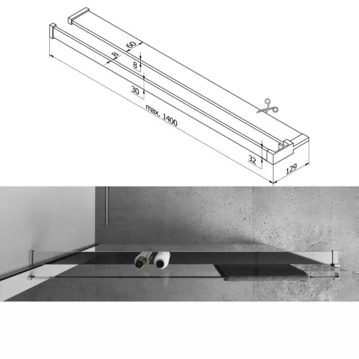 HD Oslo+ "L" Walk-In zuhanyfal, 90x200 cm, 8 mm vastag vízlepergető biztonsági üveggel, 200 cm magas, króm profillal és "L" stabilizátorral