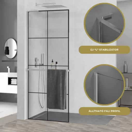 HD Oslo+ "L" Walk-In zuhanyfal, 90x200 cm, 8 mm vastag vízlepergető biztonsági üveggel, 200 cm magas, króm profillal és "L" stabilizátorral