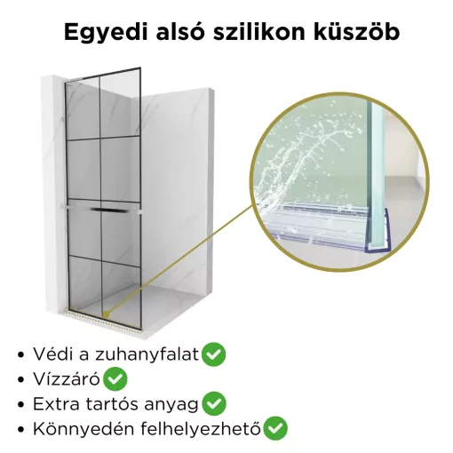 HD Oslo+ "L" Walk-In zuhanyfal, 90x200 cm, 8 mm vastag vízlepergető biztonsági üveggel, 200 cm magas, króm profillal és "L" stabilizátorral