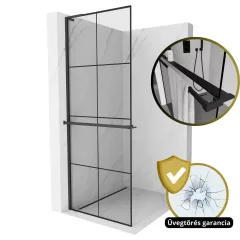   HD Oslo+ "L" Black Walk-In zuhanyfal 8 mm vastag vízlepergető biztonsági üveggel, 200 cm magas, fekete profillal és "L" stabilizátorral