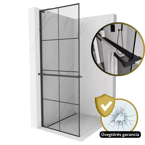 HD Oslo+ "L" Black Walk-In zuhanyfal 8 mm vastag vízlepergető biztonsági üveggel, 200 cm magas, fekete profillal és "L" stabilizátorral