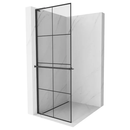 HD Oslo+ "L" Black Walk-In zuhanyfal 8 mm vastag vízlepergető biztonsági üveggel, 200 cm magas, fekete profillal és "L" stabilizátorral