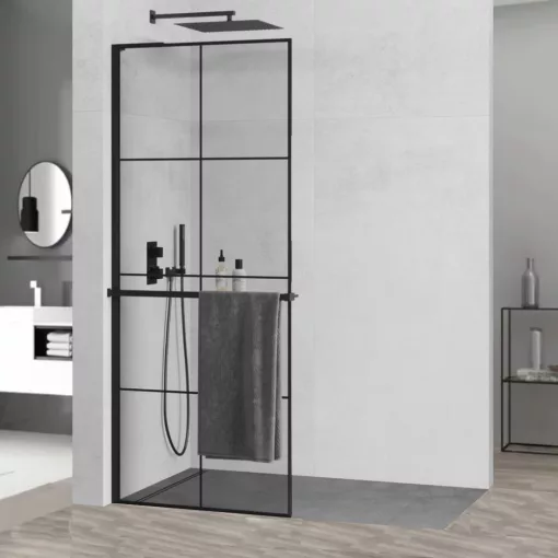 HD Oslo+ "L" Black Walk-In zuhanyfal 8 mm vastag vízlepergető biztonsági üveggel, 200 cm magas, fekete profillal és "L" stabilizátorral