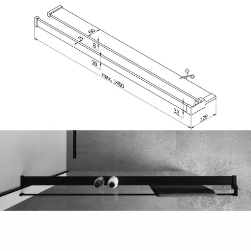 HD Oslo+ "L" Black Walk-In zuhanyfal 8 mm vastag vízlepergető biztonsági üveggel, 200 cm magas, fekete profillal és "L" stabilizátorral