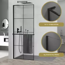 HD Oslo+ "L" Black Walk-In zuhanyfal 8 mm vastag vízlepergető biztonsági üveggel, 200 cm magas, fekete profillal és "L" stabilizátorral