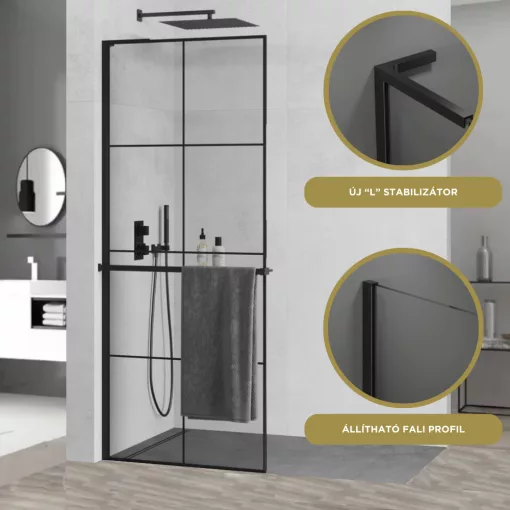 HD Oslo+ "L" Black Walk-In zuhanyfal 8 mm vastag vízlepergető biztonsági üveggel, 200 cm magas, fekete profillal és "L" stabilizátorral