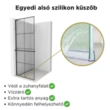 HD Oslo+ "L" Black Walk-In zuhanyfal 8 mm vastag vízlepergető biztonsági üveggel, 200 cm magas, fekete profillal és "L" stabilizátorral