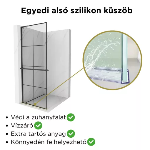 HD Oslo+ "L" Black Walk-In zuhanyfal 8 mm vastag vízlepergető biztonsági üveggel, 200 cm magas, fekete profillal és "L" stabilizátorral