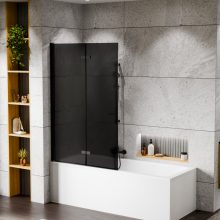 HD Prime Black 100x150 összecsukható 2 szárnyú kádparaván 6 mm vastag vízlepergető biztonsági grafit üveggel, fekete elemekkel