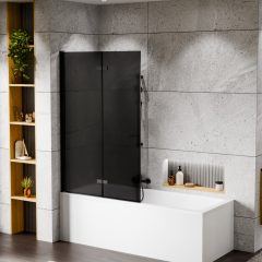   HD Prime Black 100x150 összecsukható 2 szárnyú kádparaván 6 mm vastag vízlepergető biztonsági grafit üveggel, fekete elemekkel