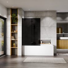 HD Prime Black 100x150 összecsukható 2 szárnyú kádparaván 6 mm vastag vízlepergető biztonsági grafit üveggel, fekete elemekkel