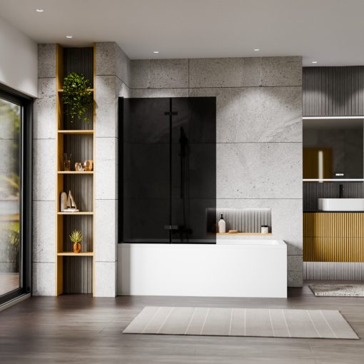 HD Prime Black 100x150 összecsukható 2 szárnyú kádparaván 6 mm vastag vízlepergető biztonsági grafit üveggel, fekete elemekkel