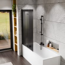 HD Prime Black 100x150 összecsukható 2 szárnyú kádparaván 6 mm vastag vízlepergető biztonsági grafit üveggel, fekete elemekkel