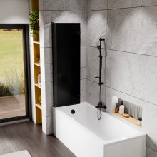 HD Prime Black 100x150 összecsukható 2 szárnyú kádparaván 6 mm vastag vízlepergető biztonsági grafit üveggel, fekete elemekkel