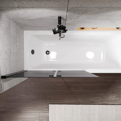 HD Prime Black 100x150 összecsukható 2 szárnyú kádparaván 6 mm vastag vízlepergető biztonsági grafit üveggel, fekete elemekkel