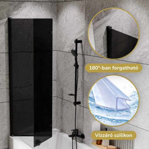 HD Prime Black 100x150 összecsukható 2 szárnyú kádparaván 6 mm vastag vízlepergető biztonsági grafit üveggel, fekete elemekkel