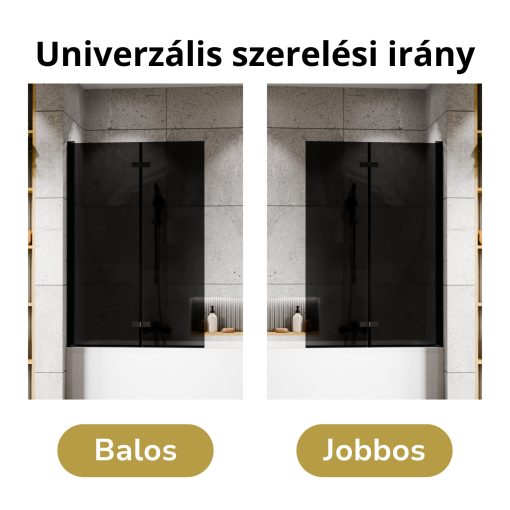 HD Prime Black 100x150 összecsukható 2 szárnyú kádparaván 6 mm vastag vízlepergető biztonsági grafit üveggel, fekete elemekkel