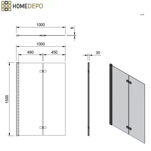 HD Prime Black 100x150 összecsukható 2 szárnyú kádparaván 6 mm vastag vízlepergető biztonsági grafit üveggel, fekete elemekkel