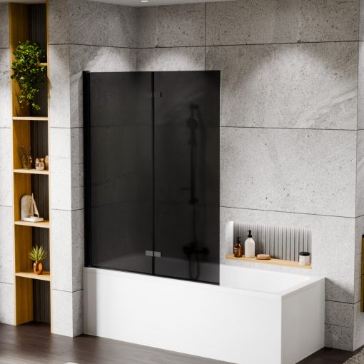 HD Prime Black 120x150 összecsukható 2 szárnyú kádparaván 6 mm vastag vízlepergető biztonsági grafit üveggel, fekete elemekkel