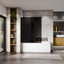 HD Prime Black 120x150 összecsukható 2 szárnyú kádparaván 6 mm vastag vízlepergető biztonsági grafit üveggel, fekete elemekkel