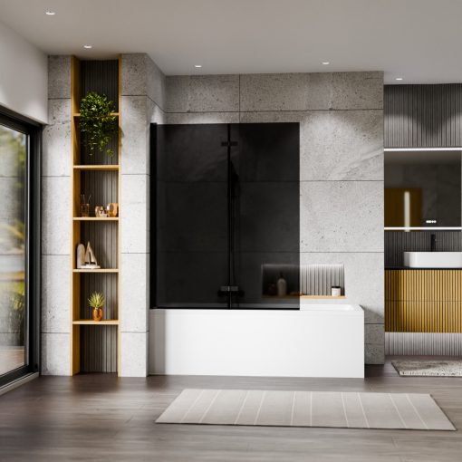 HD Prime Black 120x150 összecsukható 2 szárnyú kádparaván 6 mm vastag vízlepergető biztonsági grafit üveggel, fekete elemekkel