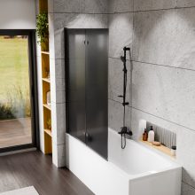 HD Prime Black 120x150 összecsukható 2 szárnyú kádparaván 6 mm vastag vízlepergető biztonsági grafit üveggel, fekete elemekkel