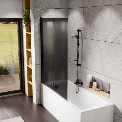 HD Prime Black 120x150 összecsukható 2 szárnyú kádparaván 6 mm vastag vízlepergető biztonsági grafit üveggel, fekete elemekkel