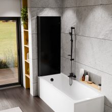 HD Prime Black 120x150 összecsukható 2 szárnyú kádparaván 6 mm vastag vízlepergető biztonsági grafit üveggel, fekete elemekkel