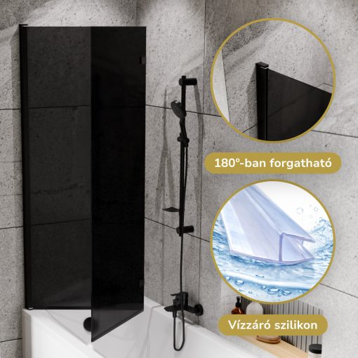 HD Prime Black 120x150 összecsukható 2 szárnyú kádparaván 6 mm vastag vízlepergető biztonsági grafit üveggel, fekete elemekkel