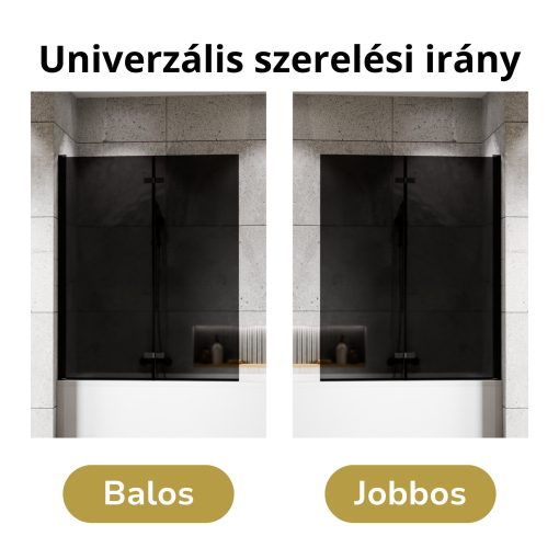 HD Prime Black 120x150 összecsukható 2 szárnyú kádparaván 6 mm vastag vízlepergető biztonsági grafit üveggel, fekete elemekkel
