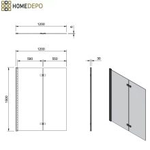 HD Prime Black 120x150 összecsukható 2 szárnyú kádparaván 6 mm vastag vízlepergető biztonsági grafit üveggel, fekete elemekkel