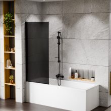 HD Prime Black 70x150 kihajtható 1 szárnyú kádparaván 6 mm vastag vízlepergető biztonsági grafit üveggel, fekete elemekkel