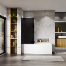 HD Prime Black 70x150 kihajtható 1 szárnyú kádparaván 6 mm vastag vízlepergető biztonsági grafit üveggel, fekete elemekkel