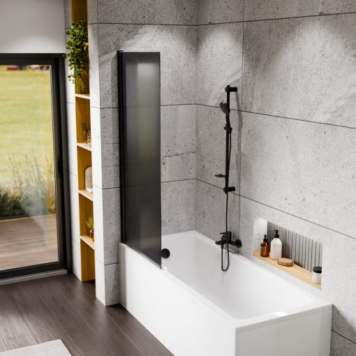 HD Prime Black 70x150 kihajtható 1 szárnyú kádparaván 6 mm vastag vízlepergető biztonsági grafit üveggel, fekete elemekkel