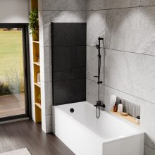 HD Prime Black 70x150 kihajtható 1 szárnyú kádparaván 6 mm vastag vízlepergető biztonsági grafit üveggel, fekete elemekkel