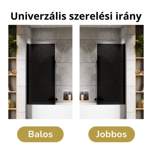 HD Prime Black 70x150 kihajtható 1 szárnyú kádparaván 6 mm vastag vízlepergető biztonsági grafit üveggel, fekete elemekkel