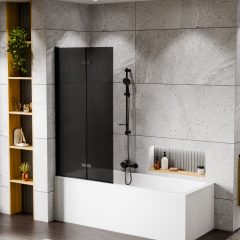   HD Prime Black 80x150 összecsukható 2 szárnyú kádparaván 6 mm vastag vízlepergető biztonsági grafit üveggel, fekete elemekkel