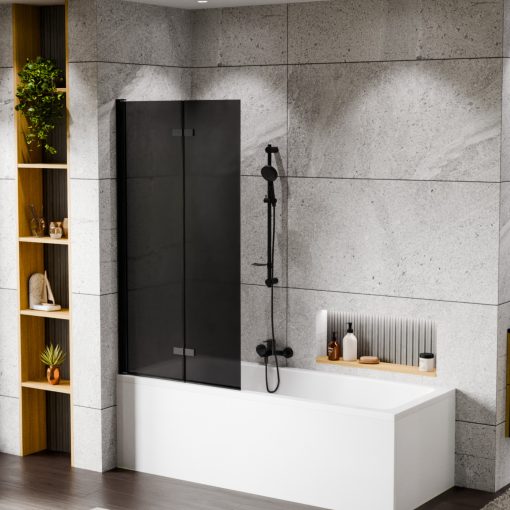 HD Prime Black 80x150 összecsukható 2 szárnyú kádparaván 6 mm vastag vízlepergető biztonsági grafit üveggel, fekete elemekkel