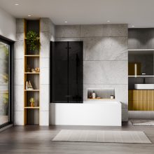 HD Prime Black 80x150 összecsukható 2 szárnyú kádparaván 6 mm vastag vízlepergető biztonsági grafit üveggel, fekete elemekkel