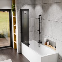 HD Prime Black 80x150 összecsukható 2 szárnyú kádparaván 6 mm vastag vízlepergető biztonsági grafit üveggel, fekete elemekkel