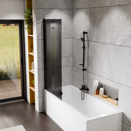 HD Prime Black 80x150 összecsukható 2 szárnyú kádparaván 6 mm vastag vízlepergető biztonsági grafit üveggel, fekete elemekkel