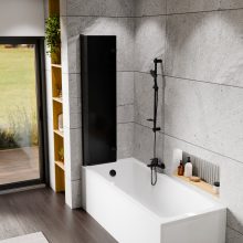 HD Prime Black 80x150 összecsukható 2 szárnyú kádparaván 6 mm vastag vízlepergető biztonsági grafit üveggel, fekete elemekkel