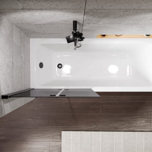 HD Prime Black 80x150 összecsukható 2 szárnyú kádparaván 6 mm vastag vízlepergető biztonsági grafit üveggel, fekete elemekkel