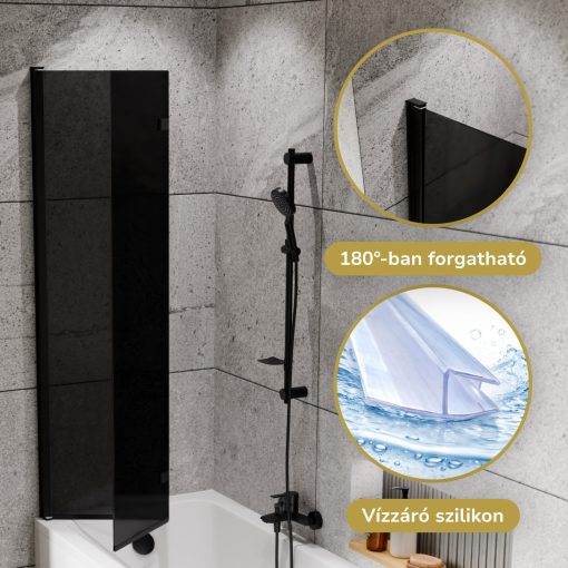 HD Prime Black 80x150 összecsukható 2 szárnyú kádparaván 6 mm vastag vízlepergető biztonsági grafit üveggel, fekete elemekkel