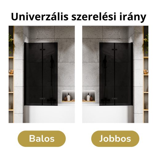 HD Prime Black 80x150 összecsukható 2 szárnyú kádparaván 6 mm vastag vízlepergető biztonsági grafit üveggel, fekete elemekkel