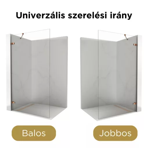 HD Sky "S" Rose Walk-In zuhanyfal 8 mm vastag vízlepergető biztonsági üveggel, 200 cm magas, rózsa arany zsanérokkal és sarokmerevítővel