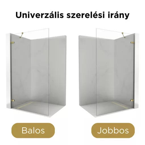 HD Sky "S" Gold Walk-In zuhanyfal, 120x200 cm, 8 mm vastag vízlepergető biztonsági üveggel, 200 cm magas, fényes arany zsanérokkal és sarokmerevítővel