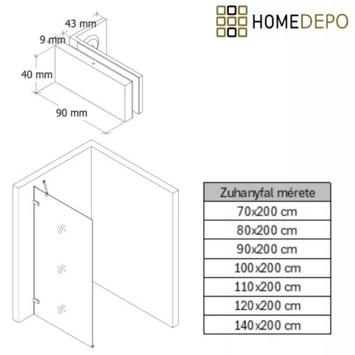 HD Sky "S" Gold Walk-In zuhanyfal, 120x200 cm, 8 mm vastag vízlepergető biztonsági üveggel, 200 cm magas, fényes arany zsanérokkal és sarokmerevítővel