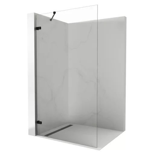 HD Sky "S" Black Walk-In zuhanyfal 8 mm vastag vízlepergető biztonsági üveggel, 200 cm magas, matt fekete zsanérokkal és sarokmerevítővel