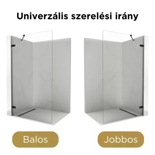 HD Sky "S" Black Walk-In zuhanyfal 8 mm vastag vízlepergető biztonsági üveggel, 200 cm magas, matt fekete zsanérokkal és sarokmerevítővel